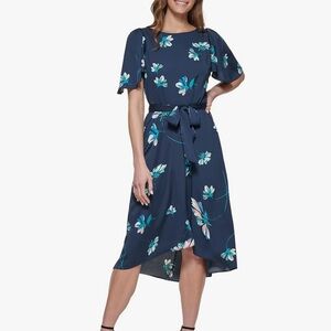 DKNY Women's Flutter Sleeve Hi-Low Dress - Navy Floral